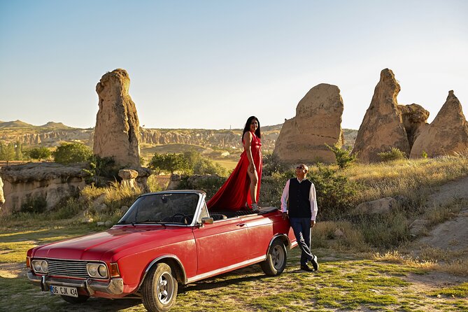 Cappadocia Classic Car Sunset or sunrise - Stop 4: Love Valley with a classic car, balloons, and sunshine